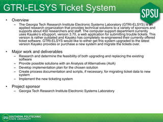 GTRI-ELSYS Ticket System
• Overview
– The Georgia Tech Research Institute Electronic Systems Laboratory (GTRI-ELSYS) is an...