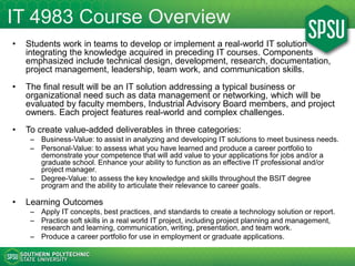 IT 4983 Course Overview
• Students work in teams to develop or implement a real-world IT solution
– Address a typical busi...