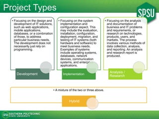 Basic Types of Projects
• Focusing on the design and
development of applications
to address particular
business needs. The...